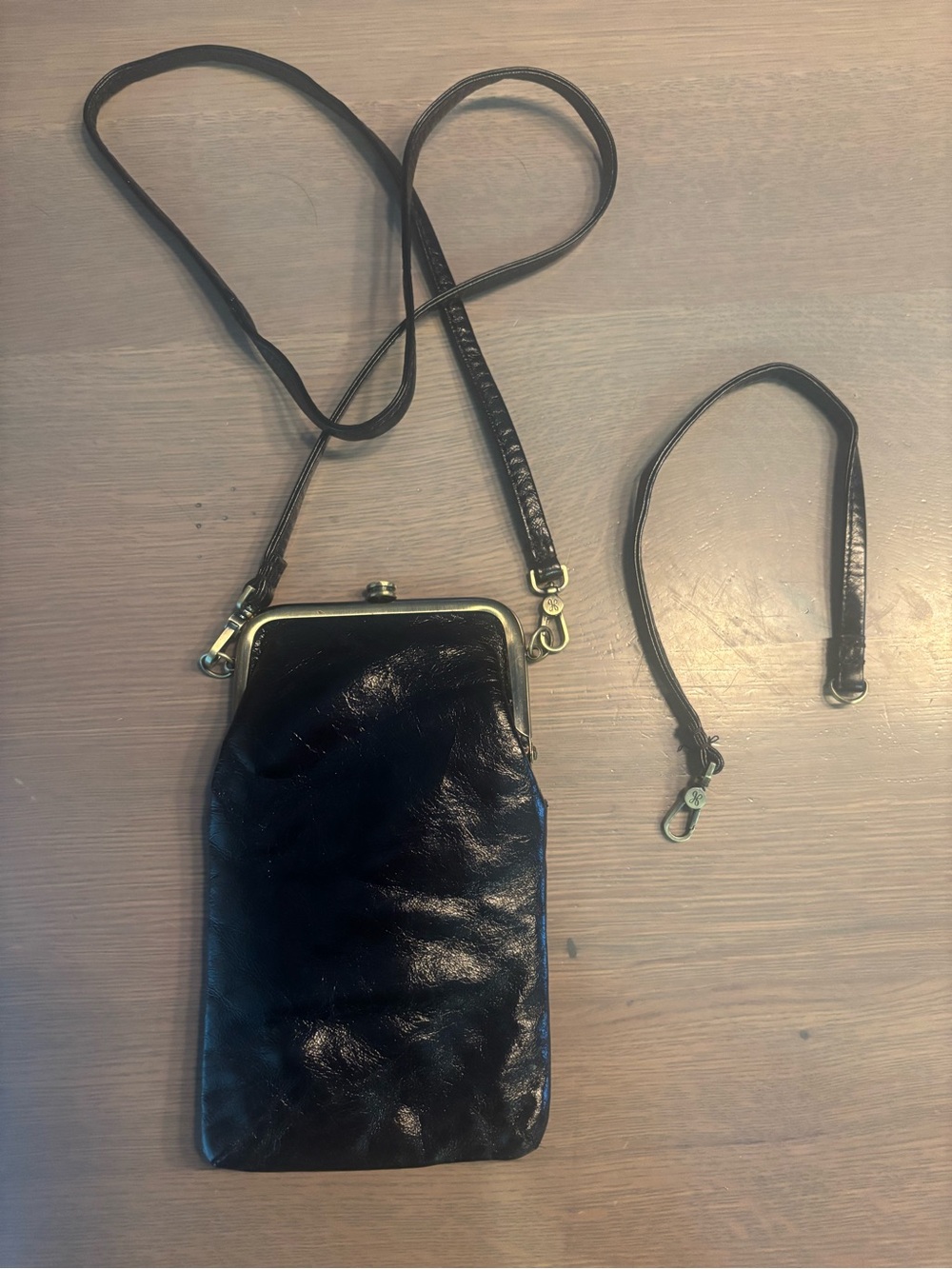 HOBO Black Leather Frame-Top Crossbody with Gold Hardware